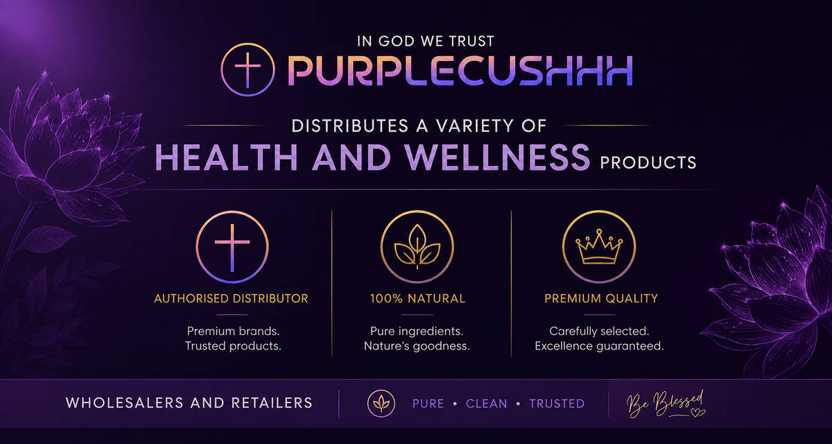Promotional graphic for PurpleCushhh, a health and wellness distributor, featuring purple and gold text on a dark purple background with floral illustrations and three key feature icons.