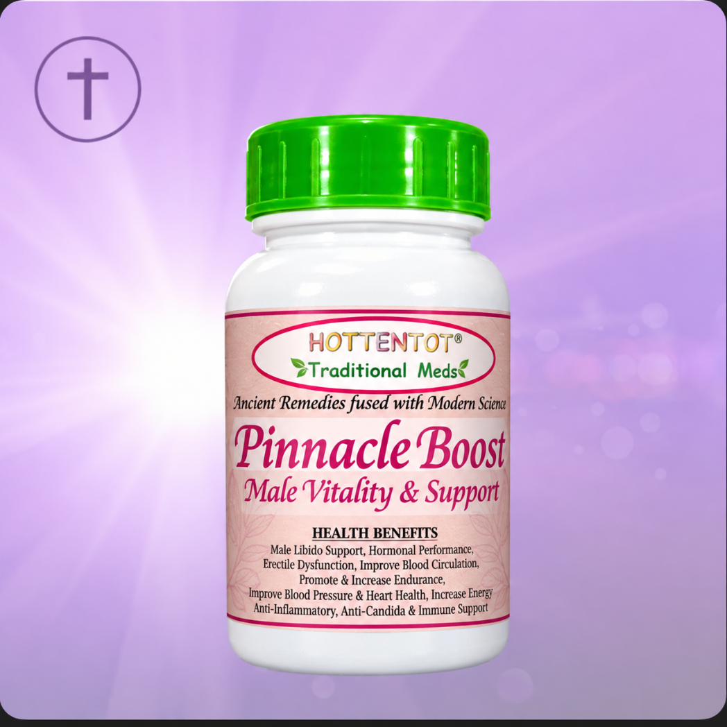 A white plastic bottle of Hottentot Traditional Meds Pinnacle Boost Male Vitality & Support supplement with a bright green cap, set against a purple background with a light burst and a circular symbol in the upper left.