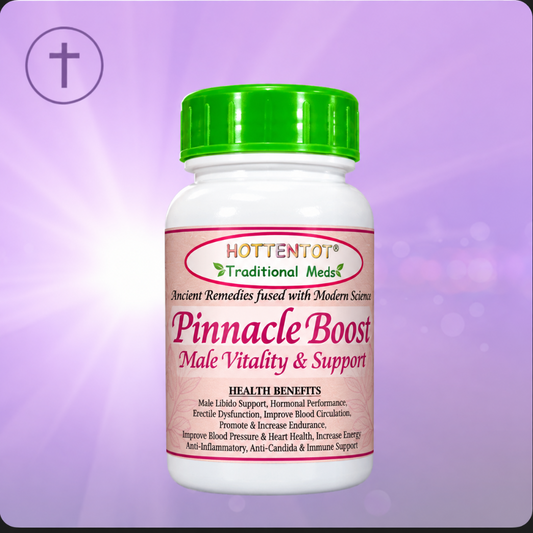 A white plastic bottle of Hottentot Traditional Meds Pinnacle Boost Male Vitality & Support supplement with a bright green cap, set against a purple background with a light burst and a circular symbol in the upper left.